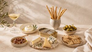 Mesa de entrantes gourmet fríos con conservas, quesos, aceitunas, grissini y vino blanco
