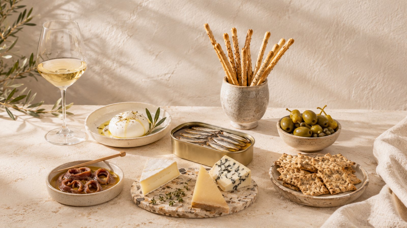 Mesa de entrantes gourmet fríos con conservas, quesos, aceitunas, grissini y vino blanco