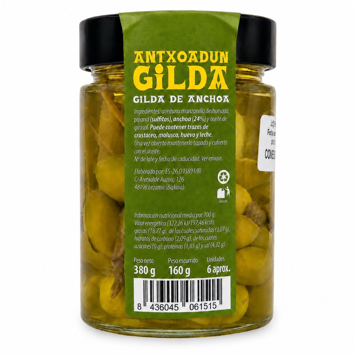Gildas de Anchoa La Gilda del Norte 6 uds vista delantera Vista delantera de Gildas de Anchoa con Piparra y Aceituna La Gilda del Norte 6 uds en tarro