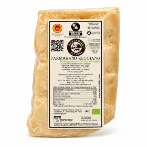 Etiqueta del Parmigiano Reggiano Biológico 24 Meses Santa Rita Bio 500 g con ingredientes y tabla nutricional