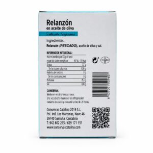 Etiqueta posterior de Relanzón en Aceite de Oliva Conservas Catalina 115 g con ingredientes e información nutricional