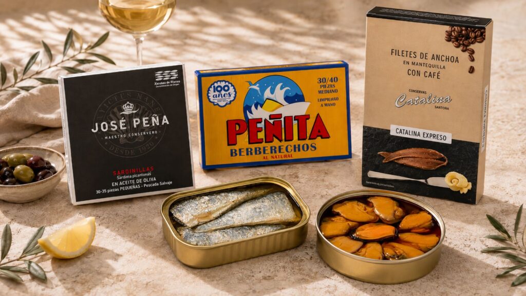Conservas gourmet en Barcelona con sardinas, berberechos, anchoas y mejillones sobre mesa mediterránea