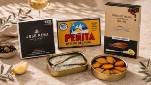 Conservas gourmet en Barcelona con sardinas, berberechos, anchoas y mejillones sobre mesa mediterránea