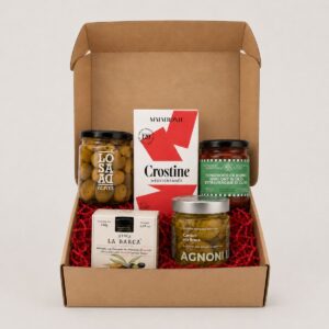 Caja Cesta Aperitivo Gourmet Sin Alcohol Esencial 5 productos con aceitunas, crostine, tomates semisecos, olivada y alcachofas