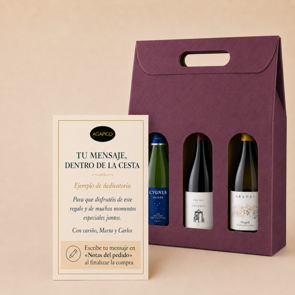 Tarjeta Caja Regalo de Vinos Españoles Selección · 3 Botellas Tarjeta dedicatoria personalizada para Caja Regalo de Vinos Españoles Selección 3 botellas