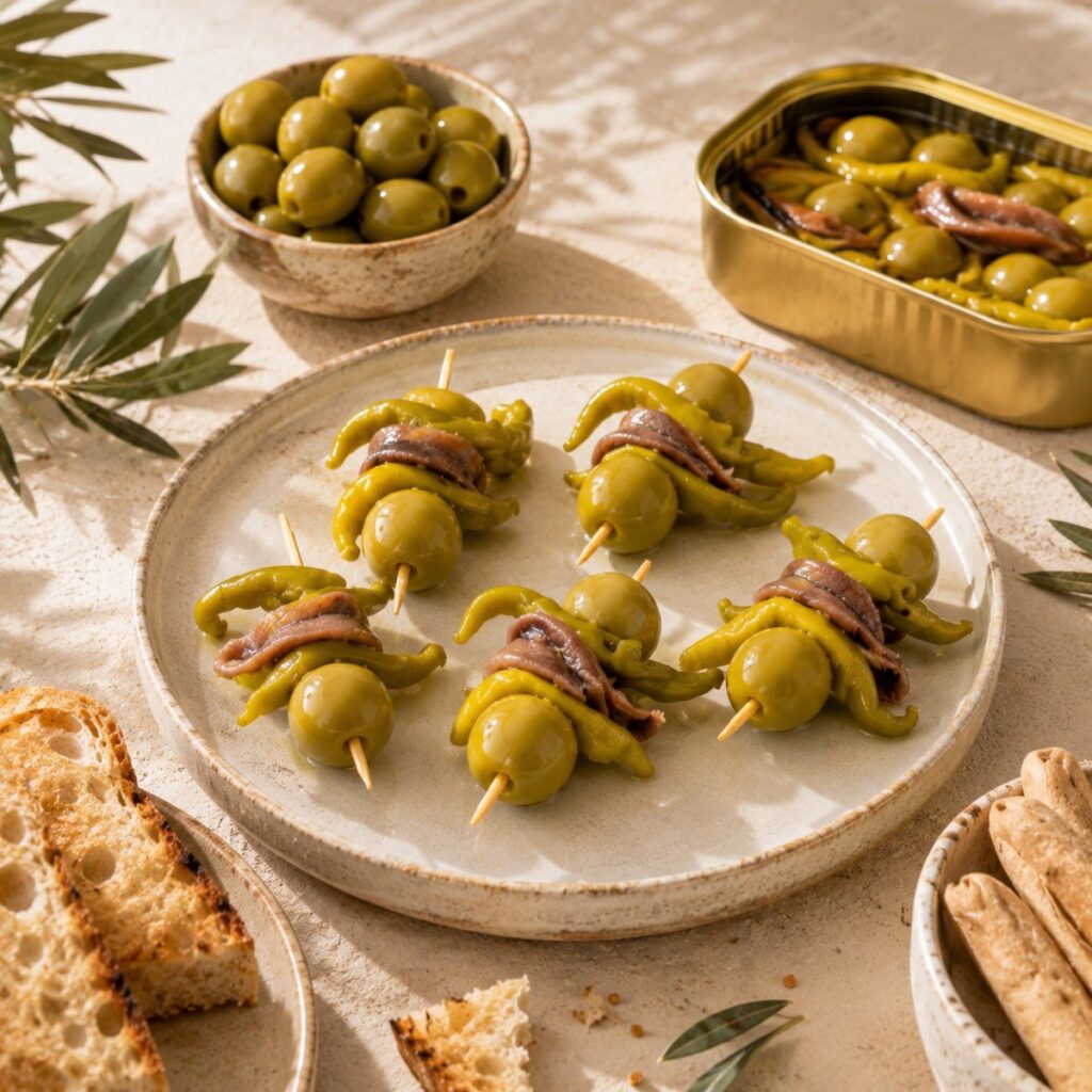 Gildas gourmet con anchoa, piparra y aceituna servidas en aperitivo mediterráneo