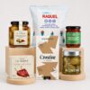 Cesta Aperitivo Gourmet Sin Alcohol Selección Mediterránea con chips, crostine, aceitunas, pimientos, tomates semisecos y alcachofas
