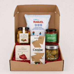 Cesta Aperitivo Gourmet Sin Alcohol Selección Mediterránea 6 productos con chips, crostine, aceitunas, pimientos, tomates semisecos y alcachofas