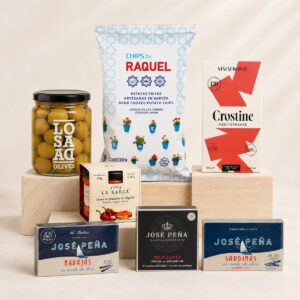Cesta Corporativa Aperitivo sin Alcohol con conservas José Peña, chips, crostine, aceitunas y crema de piquillo