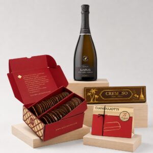 Cesta Corporativa Cava y Chocolate con cava Larus, Moscovitas, chocolate Dubai y Giandujotti Bodrato