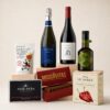 Cesta Corporativa Selección Mediterránea con cava, vino tinto, AOVE, ventresca, pimientos, crackers y Moscovitas