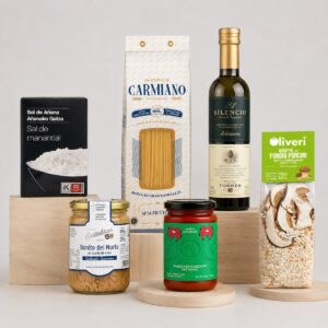 Cesta Despensa Gourmet Vuelta a la Rutina Esencial con pasta, AOVE, risotto, passata, bonito y sal de Añana