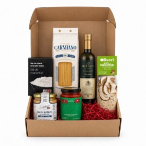 Cesta Despensa Gourmet Vuelta a la Rutina Esencial 6 productos en caja regalo con pasta, AOVE, arroz, bonito, tomate y sal
