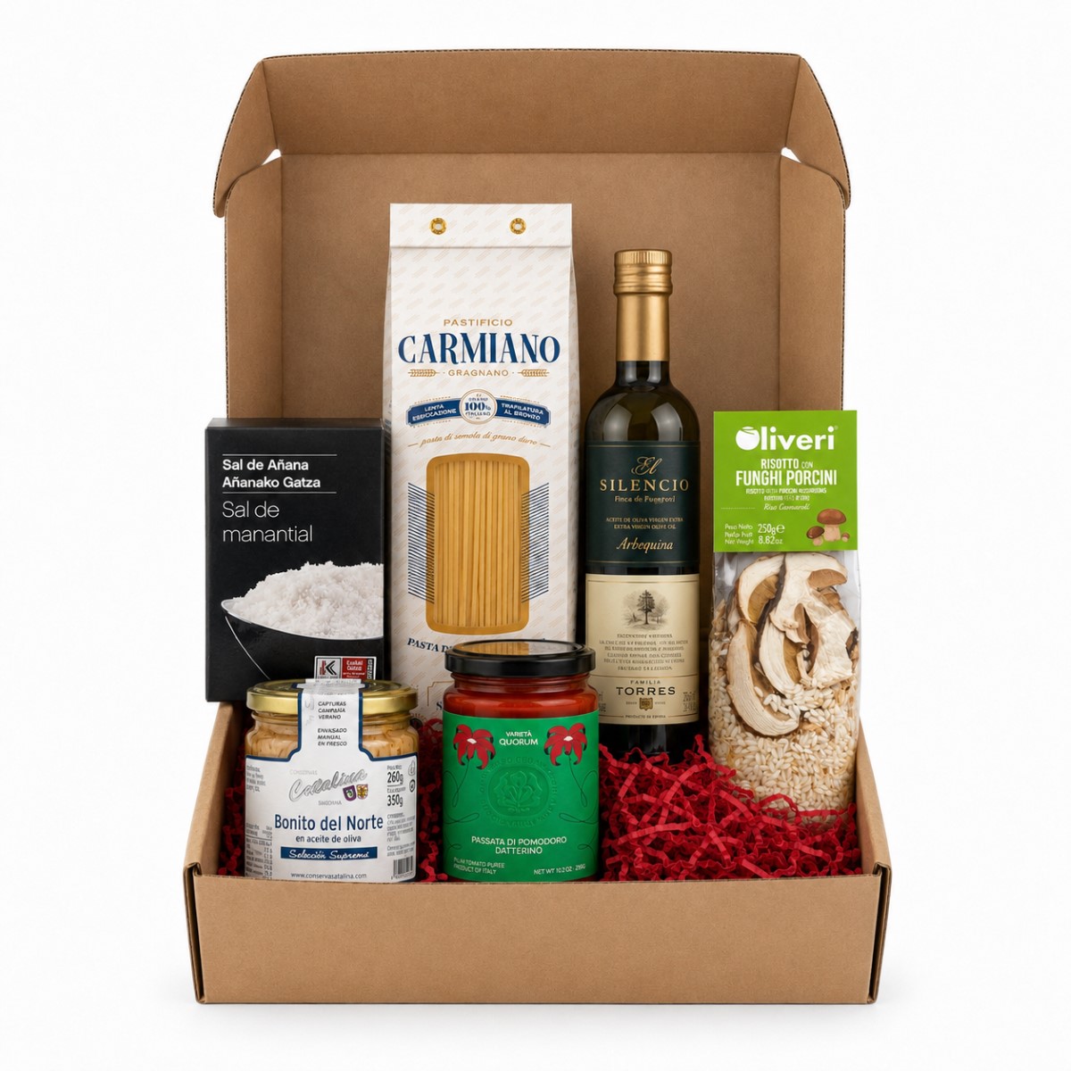 Cesta Despensa Gourmet Vuelta a la Rutina Esencial · 6 Productos Cesta Despensa Gourmet Vuelta a la Rutina Esencial 6 productos en caja regalo con pasta, AOVE, arroz, bonito, tomate y sal