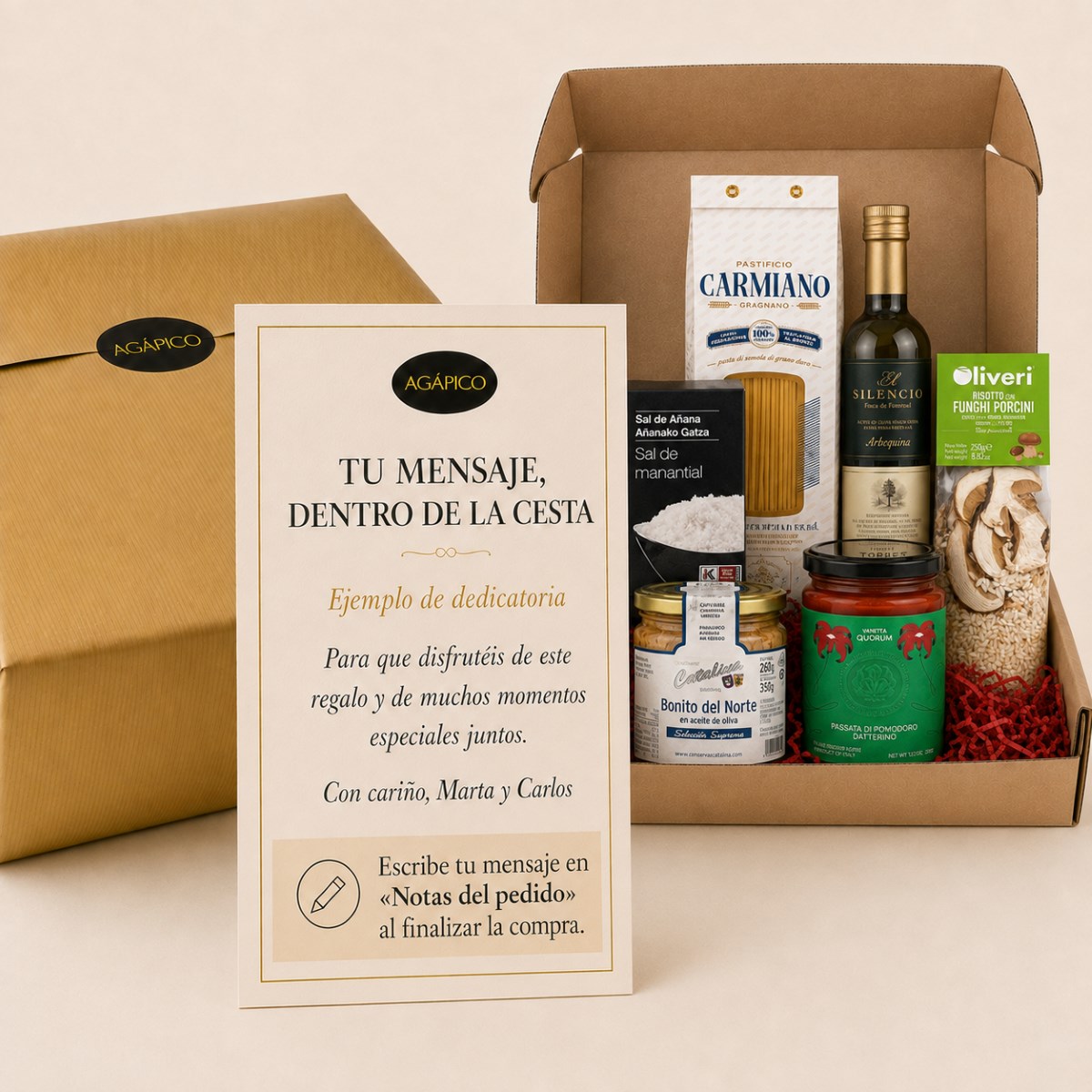 Tarjeta Cesta Despensa Gourmet Vuelta a la Rutina Esencial · 6 Productos Tarjeta dedicatoria personalizada para Cesta Despensa Gourmet Vuelta a la Rutina Esencial 6 productos
