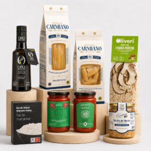 Cesta Despensa Gourmet Vuelta a la Rutina Selección con AOVE, pasta italiana, risotto, salsas, bonito y sal de Añana