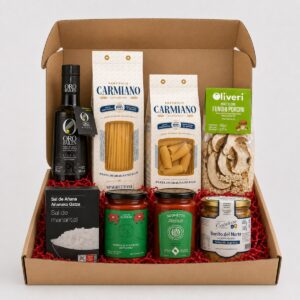 Cesta Despensa Gourmet Vuelta a la Rutina Selección 8 productos en caja regalo con AOVE, pasta, risotto, sal, tomate y bonito