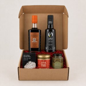 Cesta Despensa Gourmet de Autor Esencial 5 productos con AOVE, balsámico, flor de sal, salsa Café de Paris y orégano