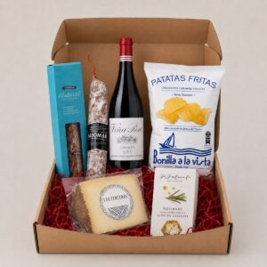 Cesta Gourmet Rioja, Queso e Ibéricos Esencial 5 productos con vino Rioja, queso Las Terceras, embutido Aljomar, patatas y crackers
