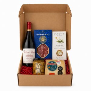 Cesta Gourmet Rioja, Queso y Embutidos Selección 5 productos en caja regalo con vino, Idiazábal, salchichón, aceitunas y crackers