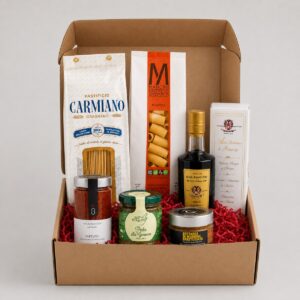 Cesta Gourmet de Pasta Italiana Esencial 6 productos con pasta, pesto, salsa de trufa, bottarga y balsámico