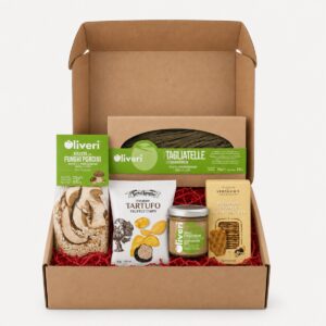 Cesta Gourmet de Trufa y Setas Esencial 5 productos en caja regalo con risotto, tagliatelle, chips, crema porcini y crackers
