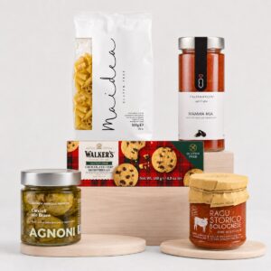 Cesta Regalo Sin Gluten Esencial 5 productos con pasta Maidea, salsa Mamma Mia, ragù boloñés, alcachofas Agnoni y galletas Walkers