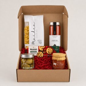 Cesta Regalo Sin Gluten Esencial 5 productos en caja regalo con pasta Maidea, salsa Mamma Mia, ragù boloñés, alcachofas Agnoni y galletas Walkers