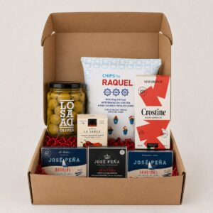 Cesta Vermut Gourmet con Conservas de Marisco en caja regalo con aceitunas, patatas, crostini, navajas, mejillones y sardinas