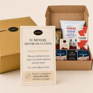Tarjeta dedicatoria personalizada para Cesta Vermut Gourmet con Conservas de Marisco