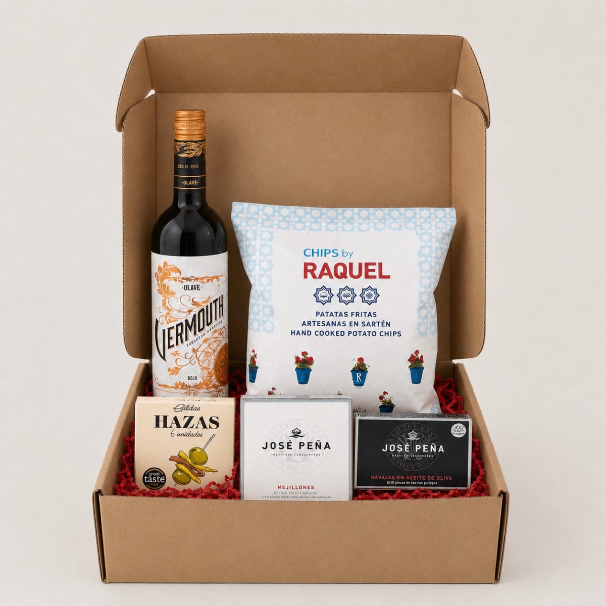 Cesta Vermut Gourmet con Conservas de Marisco · 5 Productos Cesta Vermut Gourmet con Conservas de Marisco 5 productos con vermut Olave, chips, gildas, mejillones y navajas