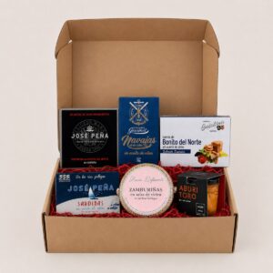 Cesta de Conservas Gourmet del Mar Esencial 6 productos con ventresca, navajas, bonito, sardinas, zamburiñas y salmón