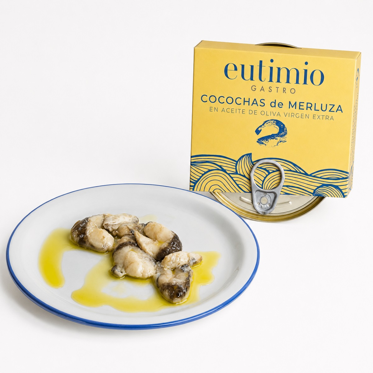 Cocochas de Merluza en AOVE Conservas Eutimio · 135 g Cocochas de Merluza en Aceite de Oliva Virgen Extra Conservas Eutimio 135 g servidas en plato