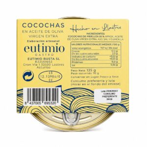 Etiqueta de Cocochas de Merluza en Aceite de Oliva Virgen Extra Eutimio Gastro 135 g con ingredientes e información nutricional