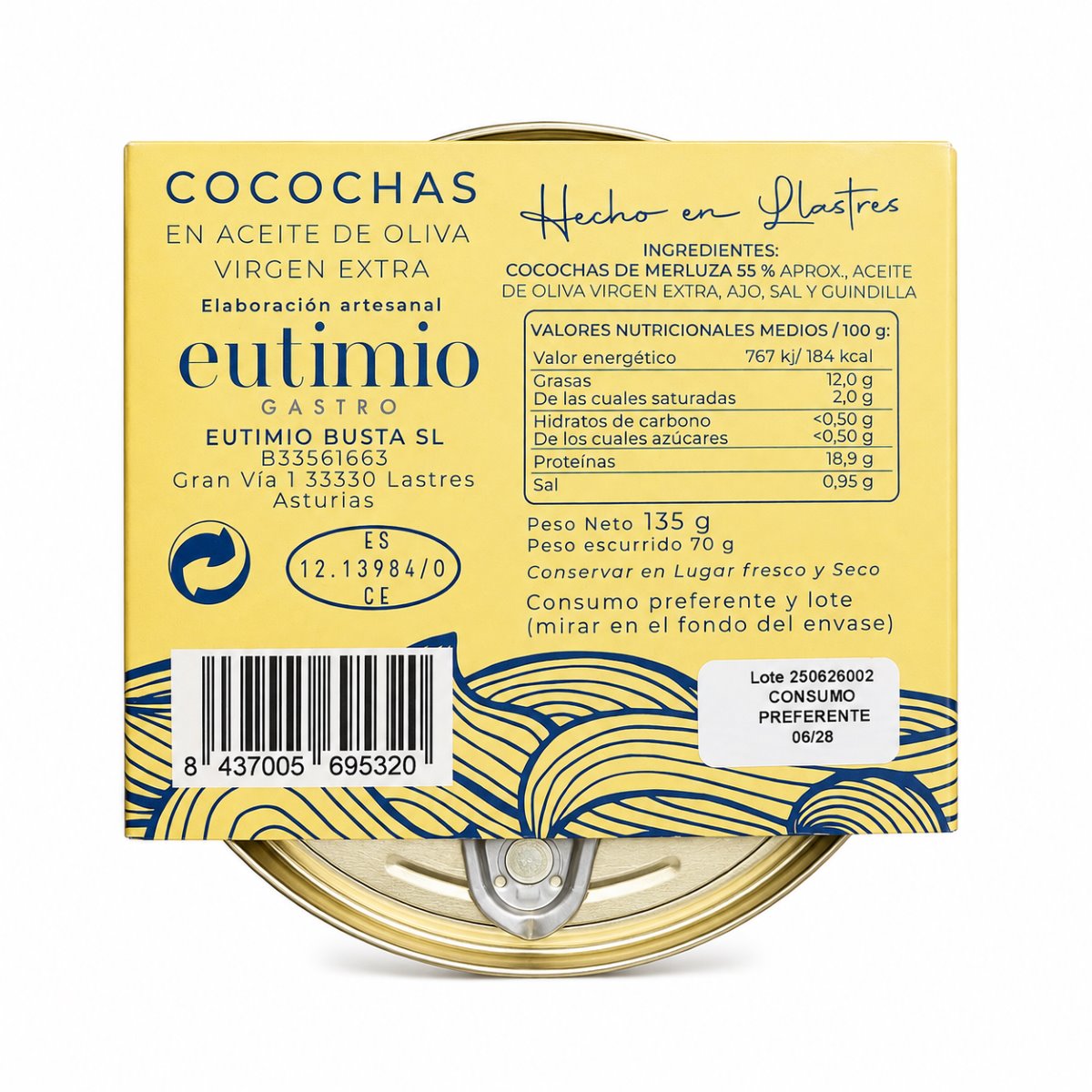 Cocochas de Merluza en Aceite de Oliva Virgen Extra Eutimio Gastro · 135 g · Etiqueta Etiqueta de Cocochas de Merluza en Aceite de Oliva Virgen Extra Eutimio Gastro 135 g con ingredientes e información nutricional