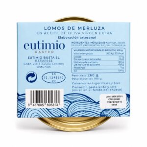 Etiqueta de Lomo de Merluza de Lastres en Aceite de Oliva Virgen Extra Conservas Eutimio 260 g con ingredientes e información nutricional