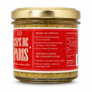 Etiqueta lateral de Salsa Café de Paris Foods & Magic 110 ml con modo de empleo, conservación e información nutricional
