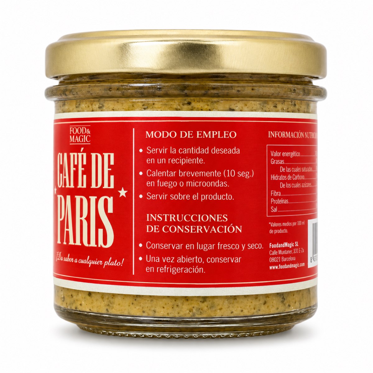 Salsa Café de Paris Foods & Magic · 110 ml · Etiqueta Etiqueta lateral de Salsa Café de Paris Foods & Magic 110 ml con modo de empleo, conservación e información nutricional