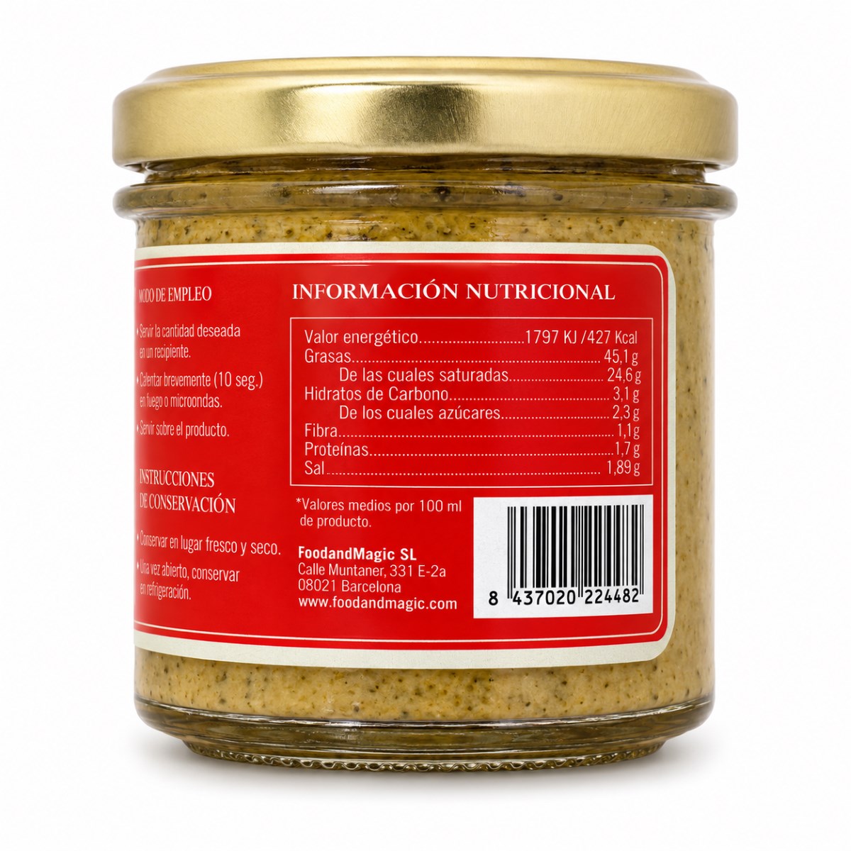 Salsa Café de Paris Food & Magic · 110 ml · Etiqueta Nutricional Etiqueta posterior de Salsa Café de Paris Food & Magic 110 ml con información nutricional y conservación