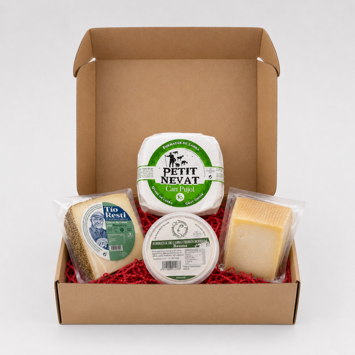 Selección Gourmet de Quesos de Cabra · 4 Productos · Caja Regalo Selección Gourmet de Quesos de Cabra 4 productos en caja regalo con Petit Nevat, Bauma, Tío Resti y Payoya