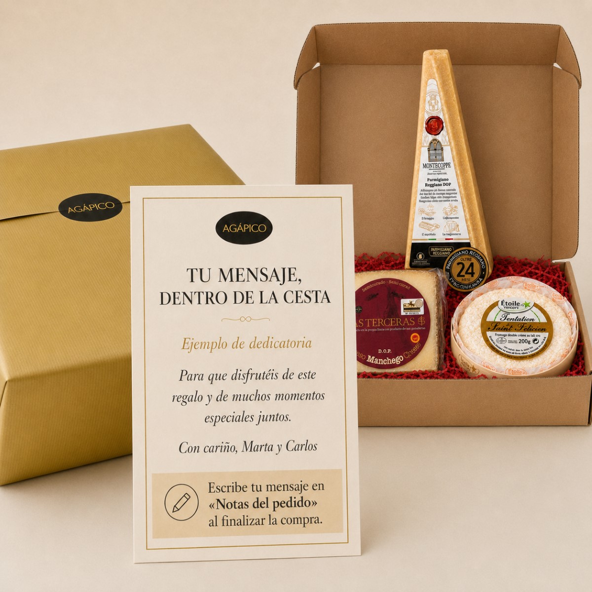 Tarjeta Trío de Quesos Europeos Gourmet · 3 Productos Tarjeta dedicatoria personalizada para Trío de Quesos Europeos Gourmet 3 productos