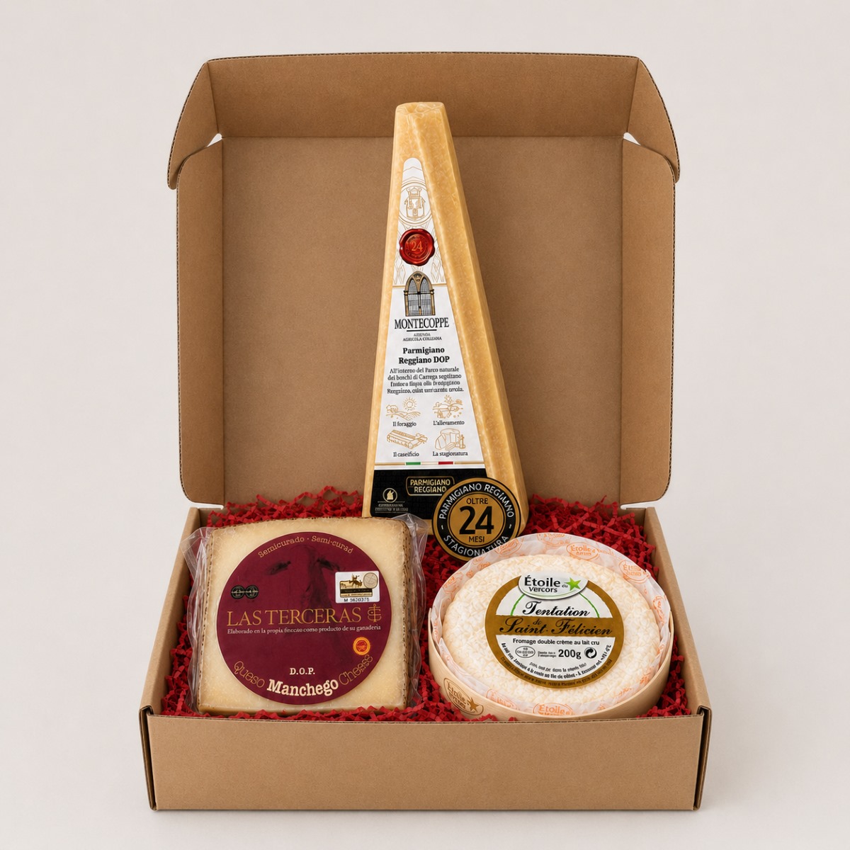 Trío de Quesos Europeos Gourmet · 3 Productos Trío de Quesos Europeos Gourmet 3 productos con Manchego Las Terceras, Parmigiano Reggiano y Saint-Félicien