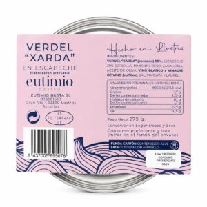 Etiqueta de Verdel Xarda en Escabeche Eutimio Gastro 279 g con ingredientes e información nutricional