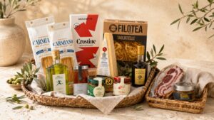 Cabecera Crea tu Propia Cesta Gourmet AGÁPICO con productos italianos, AOVE, balsámico, pasta, queso y aperitivos premium
