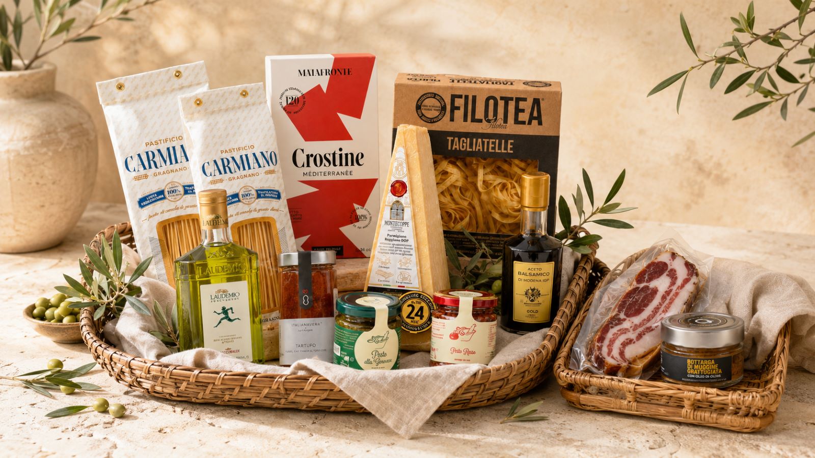 Cabecera Crea tu Propia Cesta Gourmet AGÁPICO con productos italianos, AOVE, balsámico, pasta, queso y aperitivos premium
