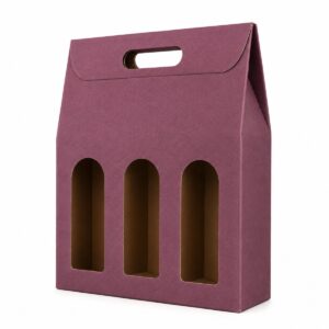 Caja de Regalo para 3 Botellas AGÁPICO en color burdeos con asa y tres ventanas frontales