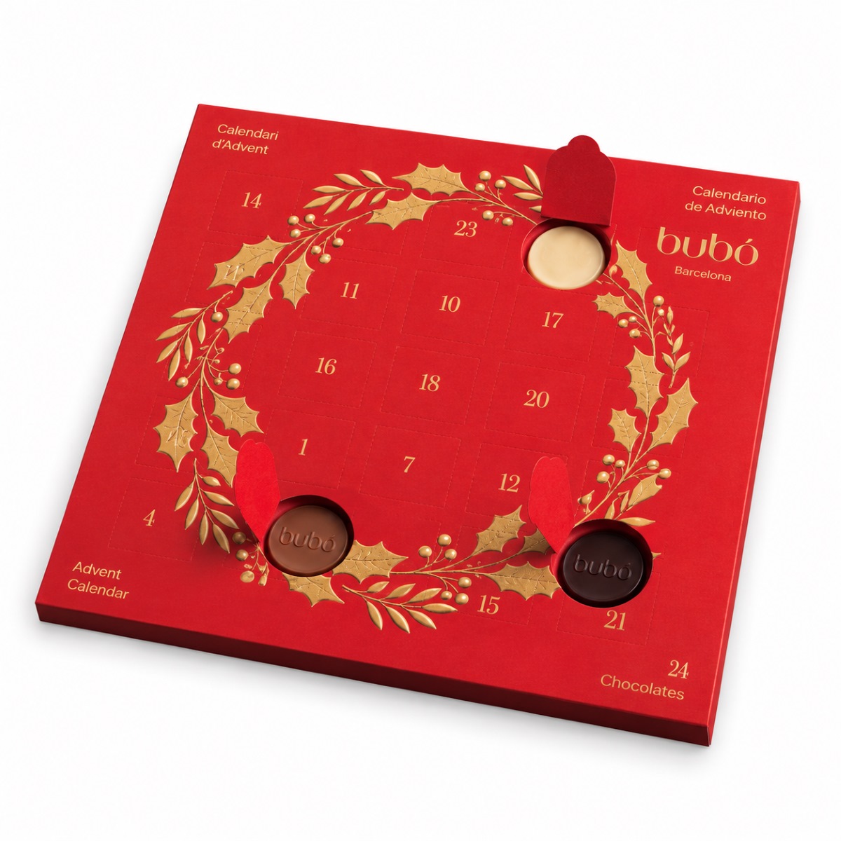 Calendario de Adviento Bubó Barcelona · 24 Chocolatinas · 107 g · Abierto Calendario de Adviento Bubó Barcelona con 24 chocolatinas 107 g abierto con chocolates