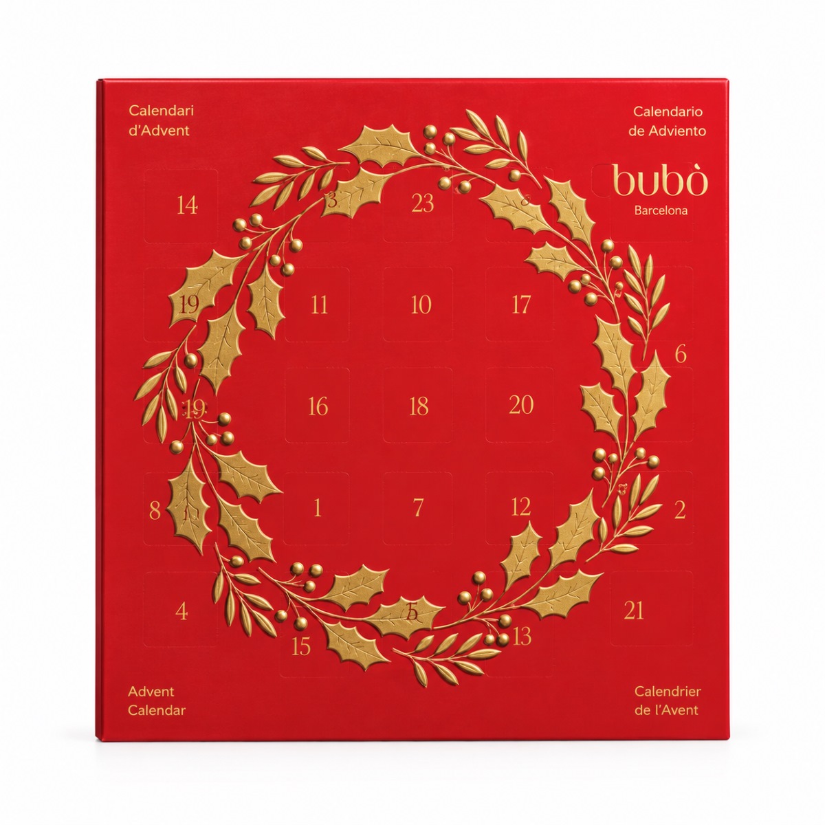 Calendario de Adviento Bubó Barcelona · 24 Chocolatinas · 107 g Calendario de Adviento Bubó Barcelona con 24 chocolatinas 107 g en caja roja navideña