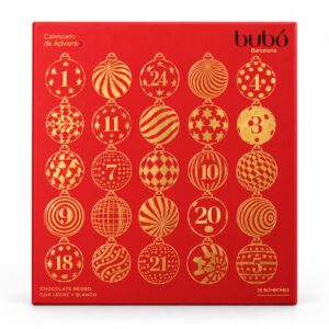 Calendario de Adviento Bubó Barcelona con 24 chocolatinas, caja roja decorada con bolas navideñas doradas y números
