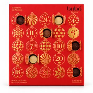 Calendario de Adviento Bubó Barcelona rojo con compartimentos abiertos que muestran chocolates negro, con leche y blanco